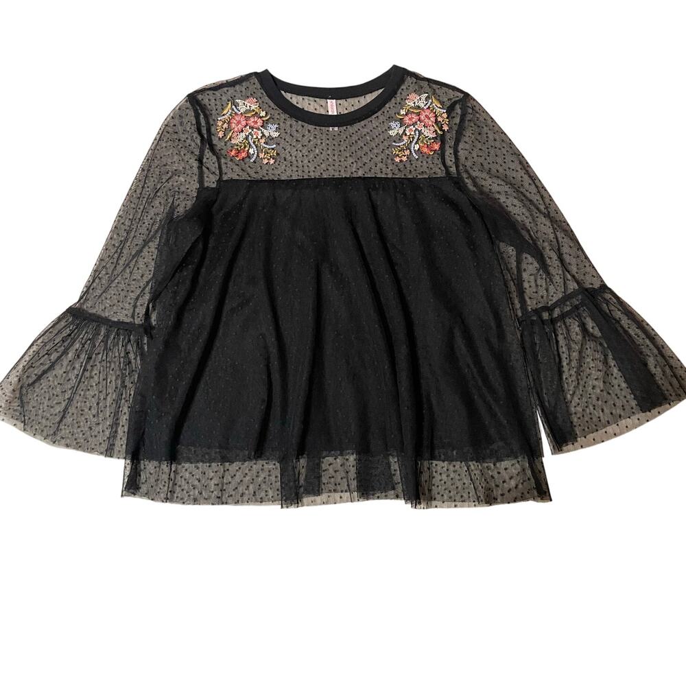 Xhilaration Floral Embroidered Black Mesh Bell Sleeve Tulle Whimsygoth Blouse Lg
